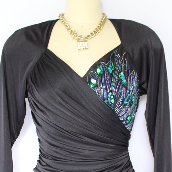 Vintage Abby Kent peacock beaded ruched draped wiggle satin black DISCO dress - Picture 7 of 10